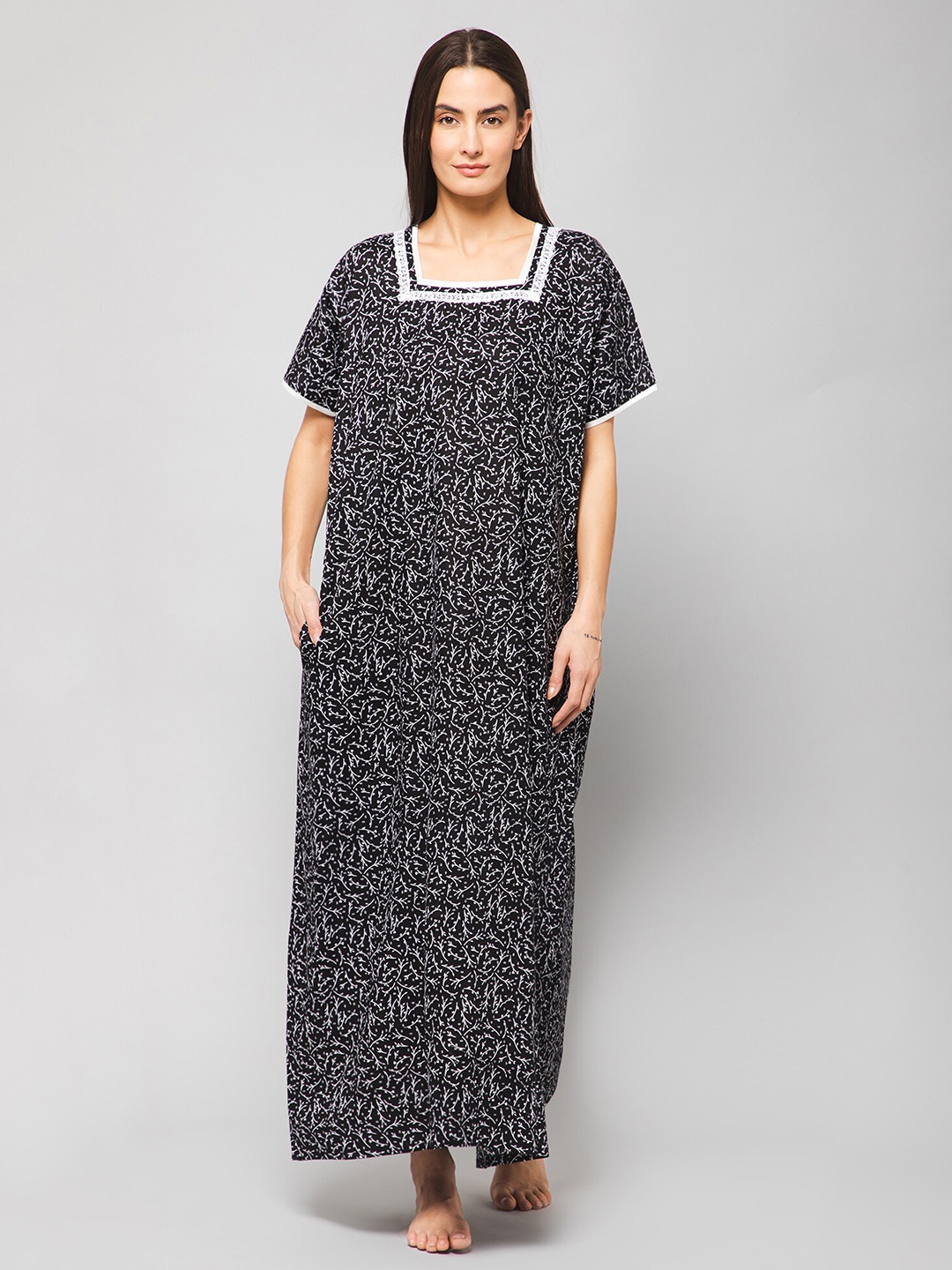 

Winza Designer Floral Printed Square Neck Pure Cotton Maxi Nightdress, Black