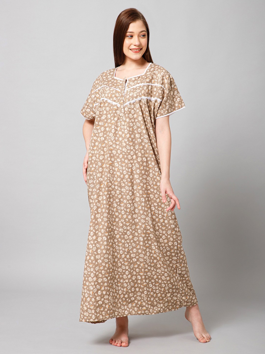 

Winza Designer Floral Printed Pure Cotton Maxi Nightdress, Brown