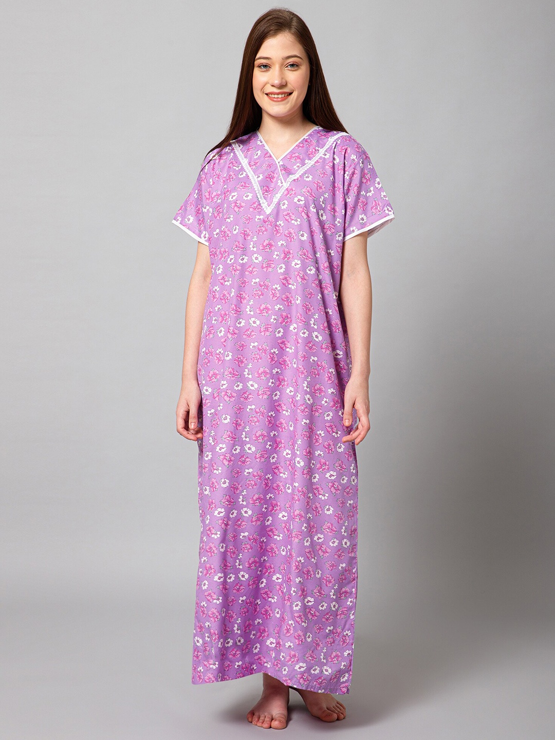 

Winza Designer Floral Printed Pure Cotton Maxi Nightdress, Lavender