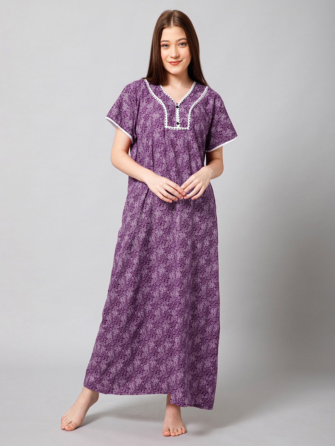 

Winza Designer Ethnic Motifs Printed Pure Cotton Maxi Nightdress, Purple