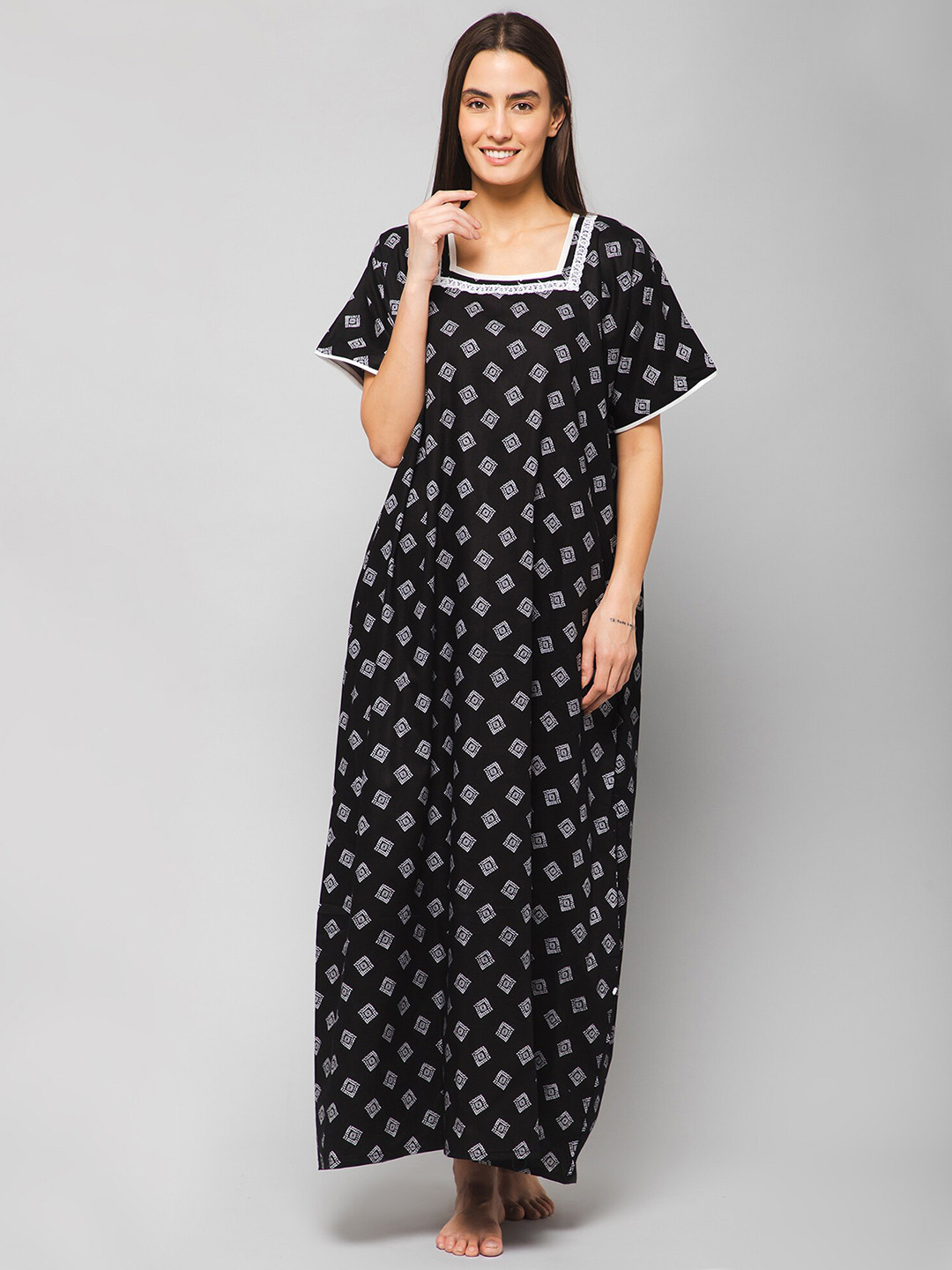 

Winza Designer Geometric Printed Cotton Maxi Nightdress, Black