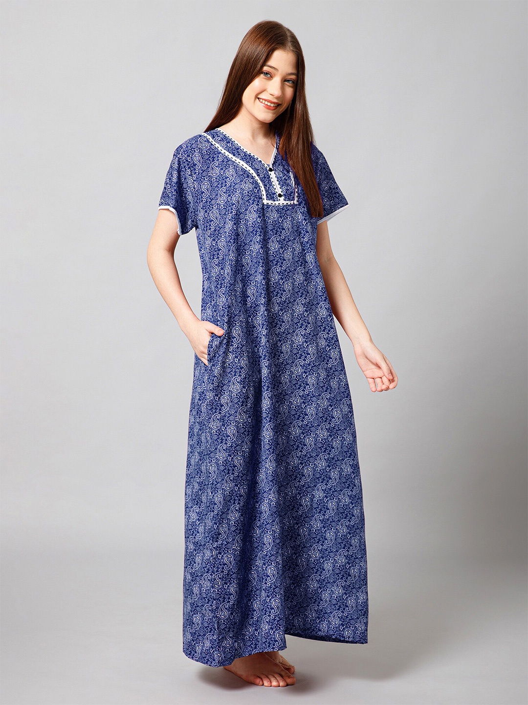 

Winza Designer Paisley Printed Pure Cotton Maxi Nightdress, Blue