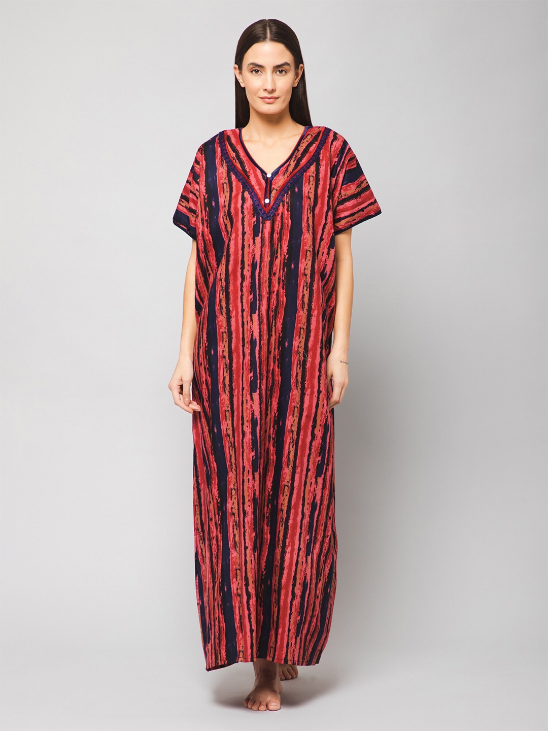 

Winza Designer Abstract Printed V-Neck Pure Cotton Maxi Nightdress, Pink