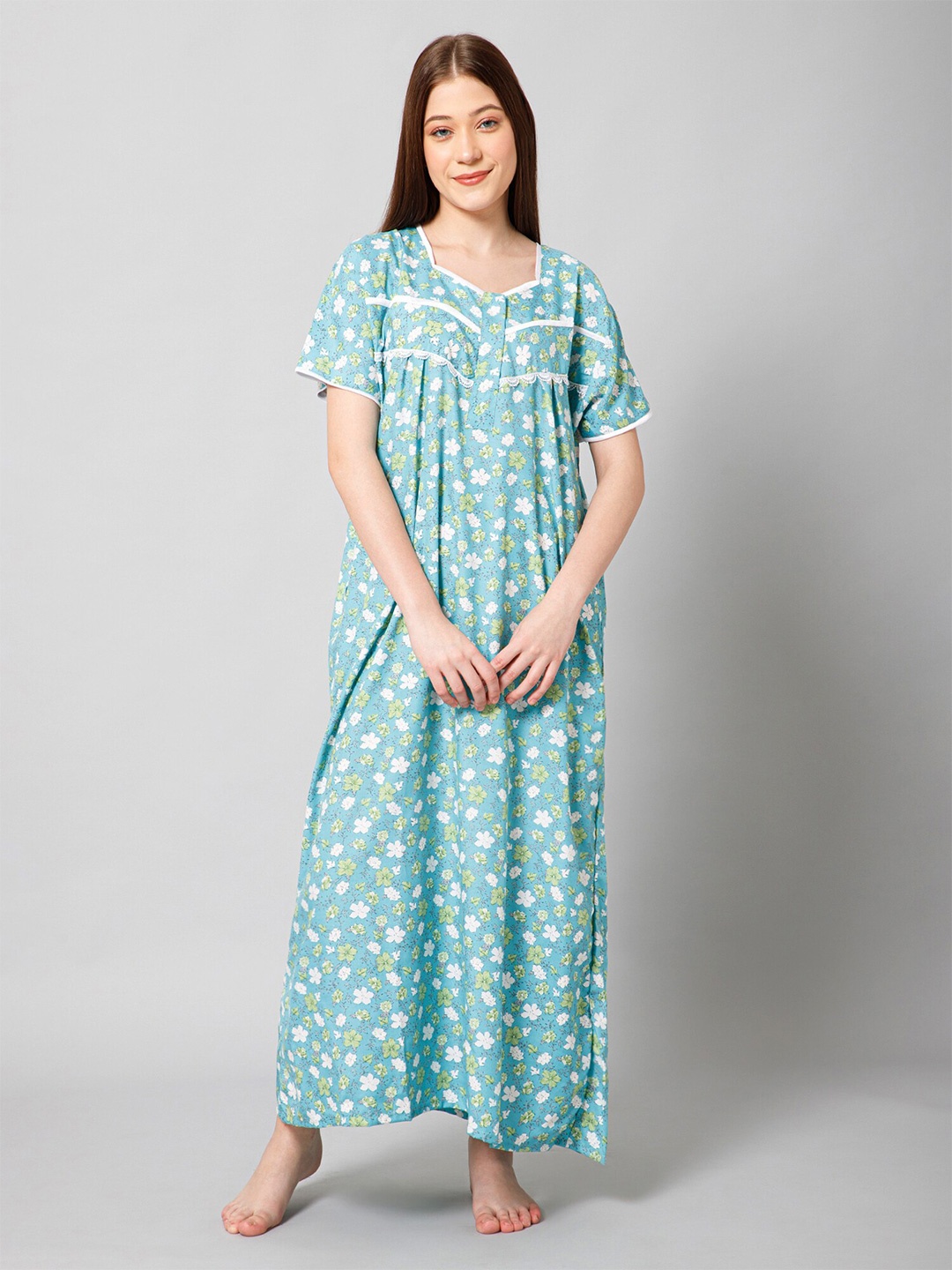 

Winza Designer Floral Printed Pure Cotton Maxi Nightdress, Sea green