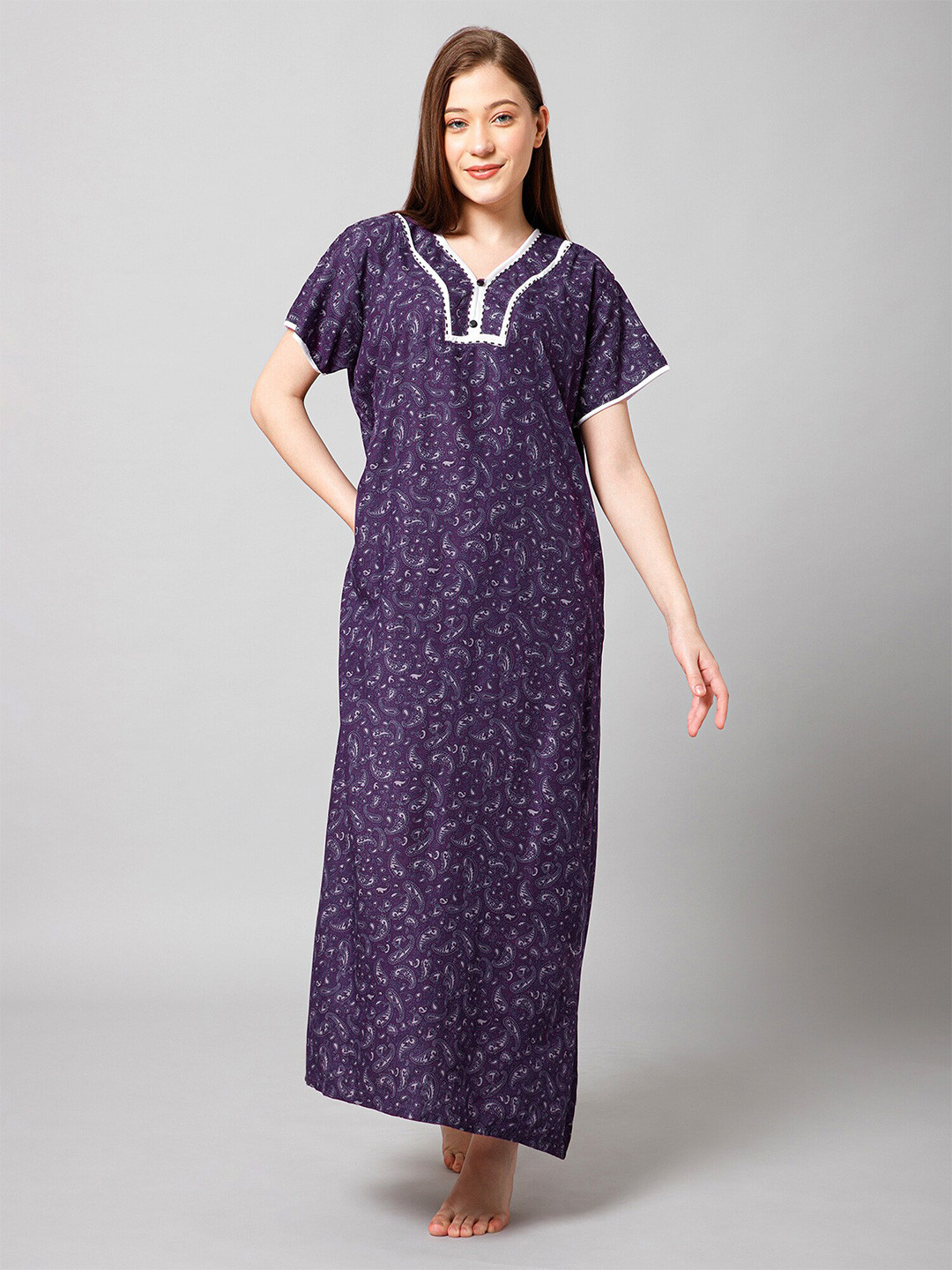 

Winza Designer Ethnic Motifs Printed V-Neck Pure Cotton Maxi Nightdress, Purple