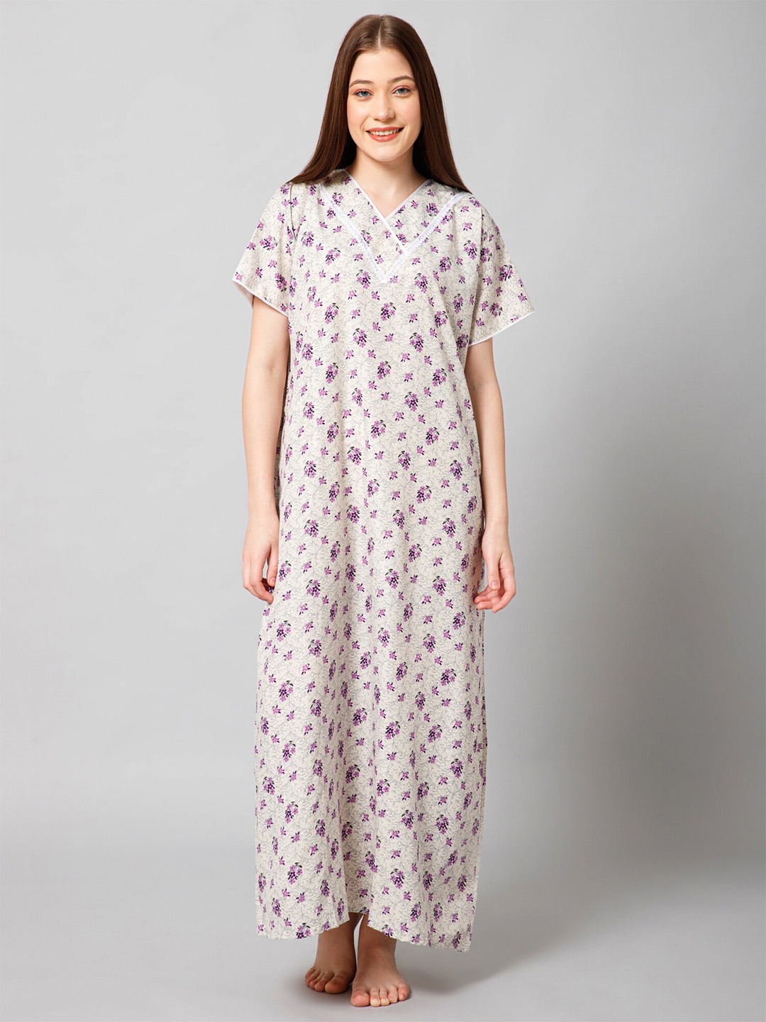 

Winza Designer Floral Printed Pure Cotton Maxi Nightdress, Purple