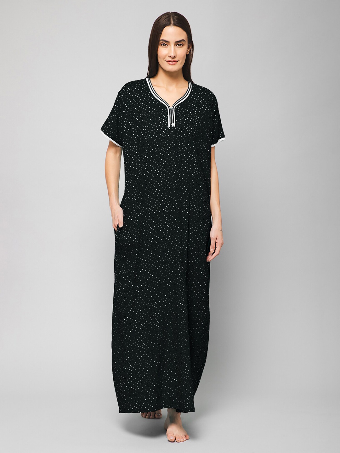 

Winza Designer Polka Dots Printed Pure Cotton Maxi Nightdress, Black