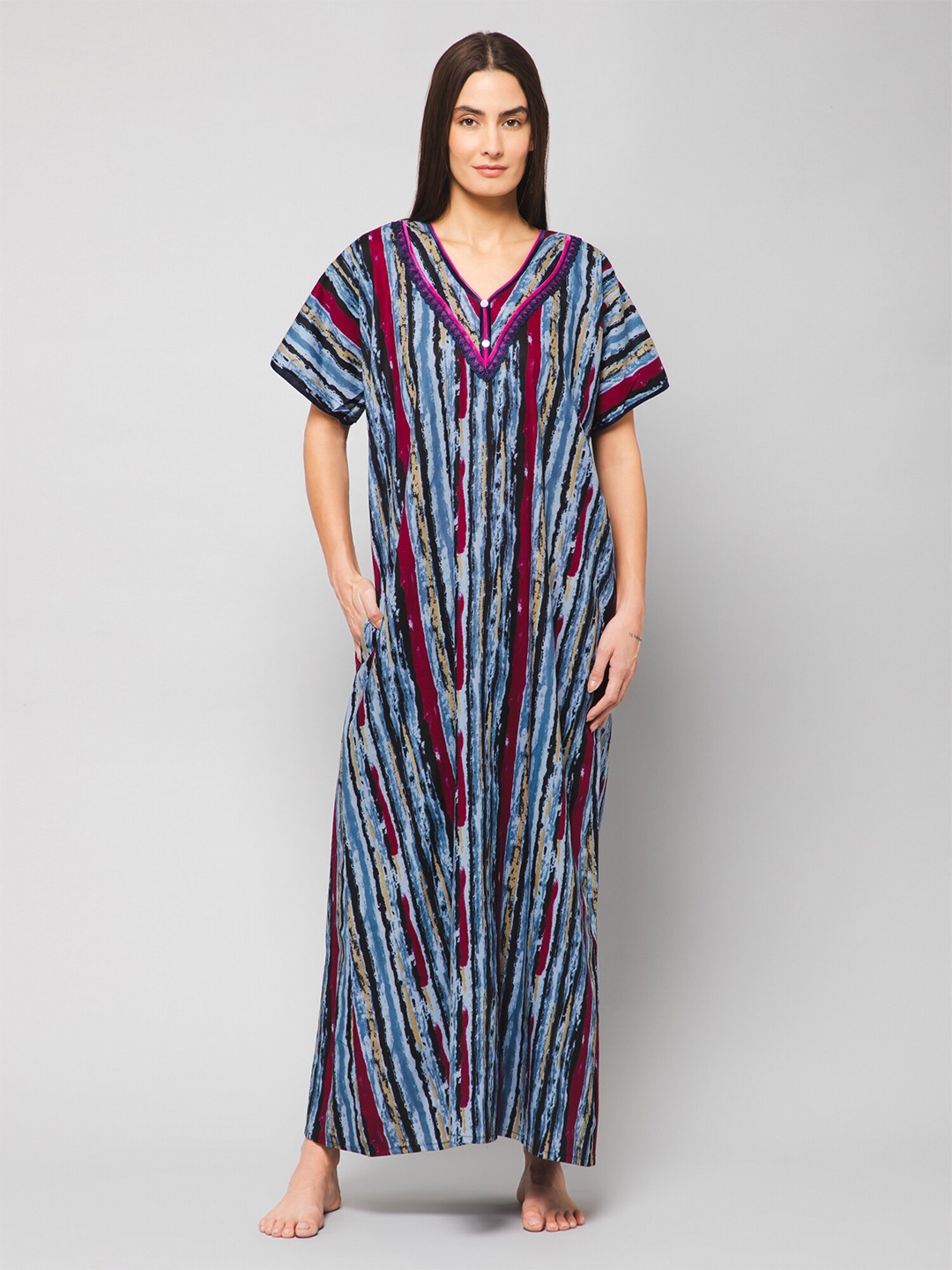 

Winza Designer Abstract Printed V-Neck Pure Cotton Maxi Nightdress, Blue