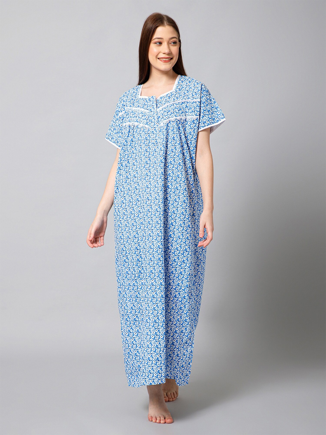 

Winza Designer Floral Printeded Pure Cotton Maxi Nightdress, Blue
