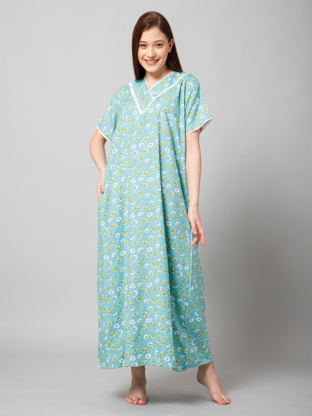 

Winza Designer Floral Printed Pure Cotton Maxi Nightdress, Sea green