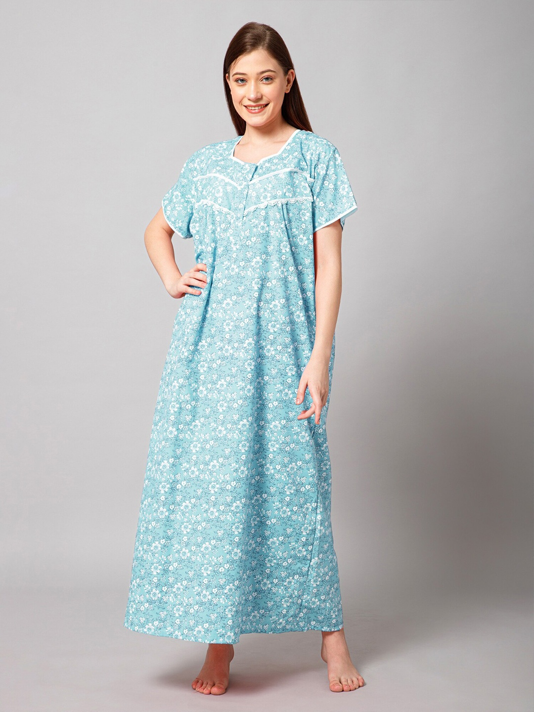 

Winza Designer Floral Printed Pure Cotton Maxi Nightdress, Turquoise blue