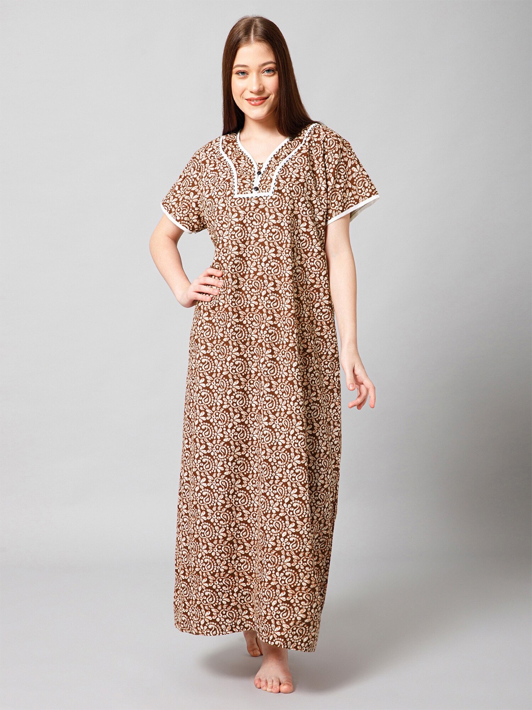 

Winza Designer Ethnic Motifs Printed Pure Cotton Maxi Nightdress, Brown
