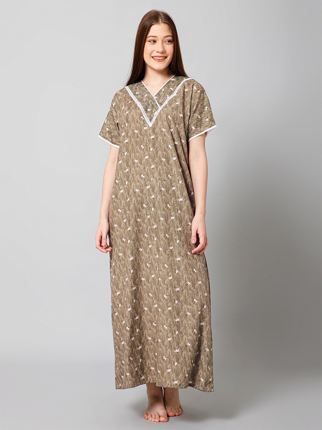 

Winza Designer Floral Printed Pure Cotton Maxi Nightdress, Brown