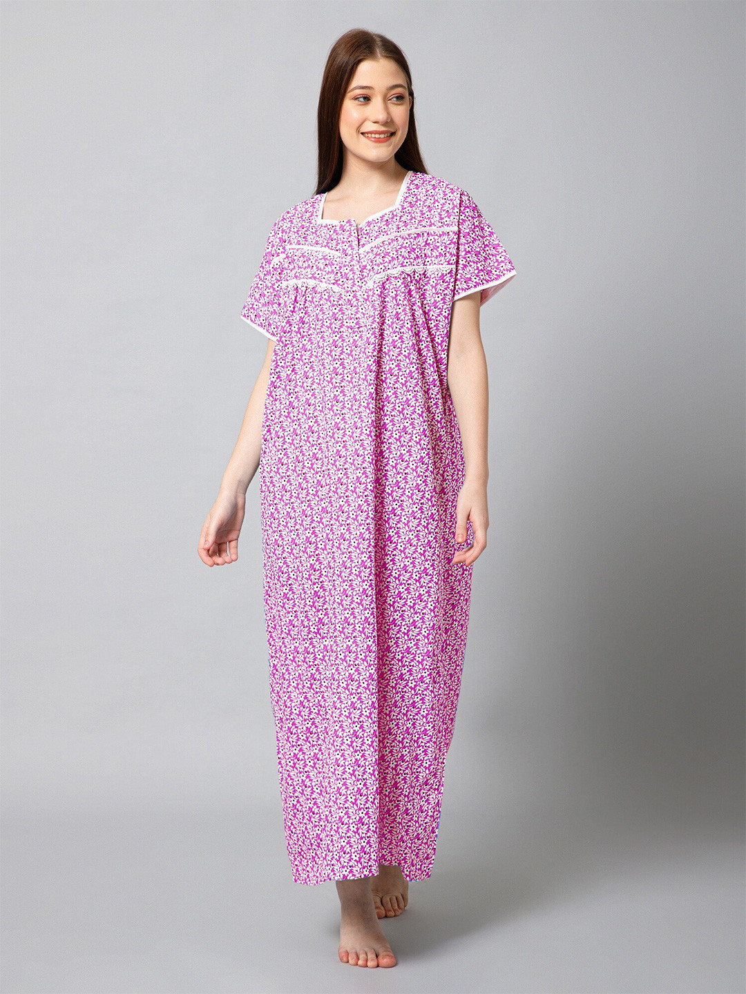 

Winza Designer Floral Printed Pure Cotton Maxi Nightdress, Pink