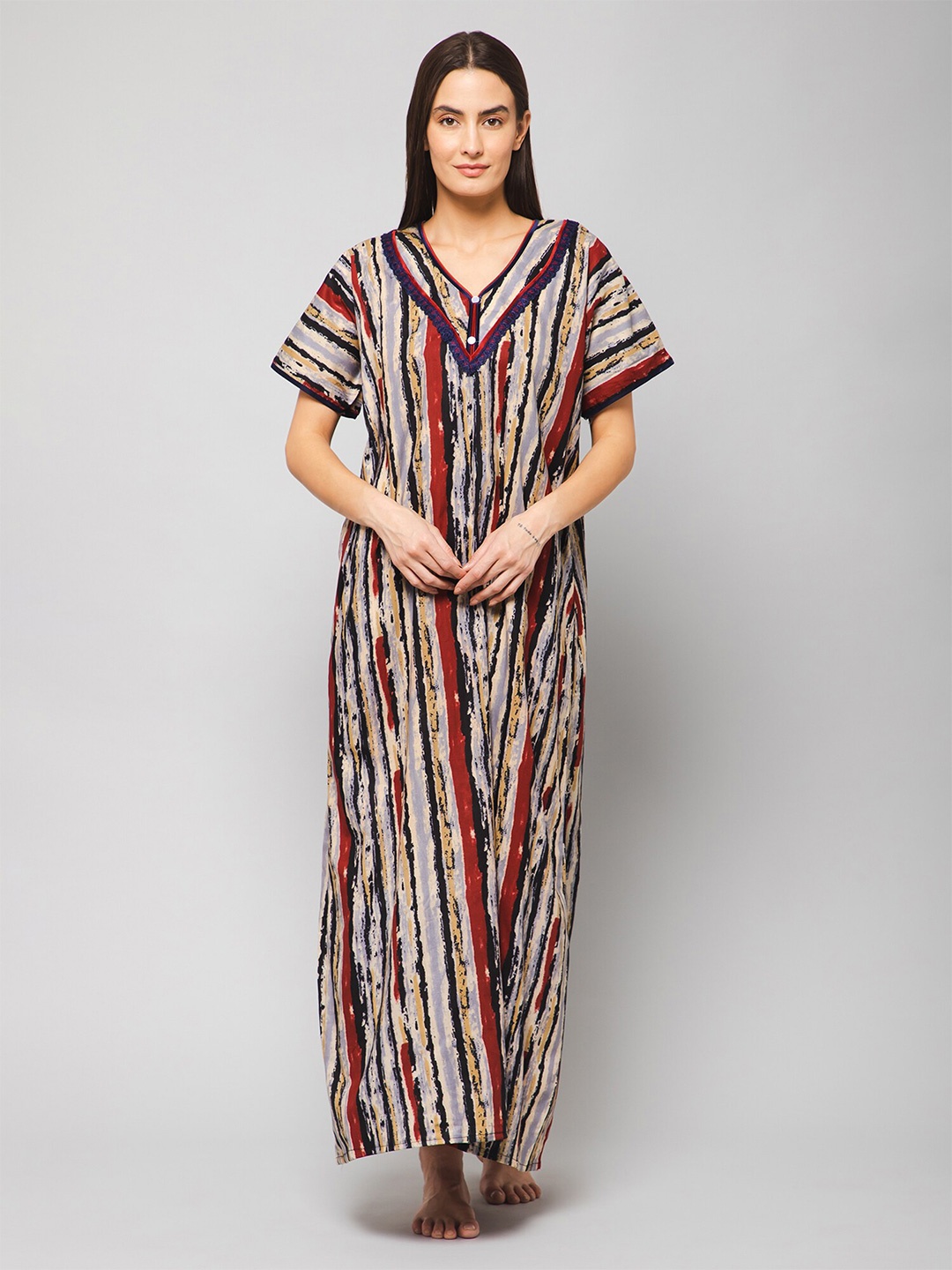 

Winza Designer Striped V-Neck Pure Cotton Maxi Nightdress, Cream
