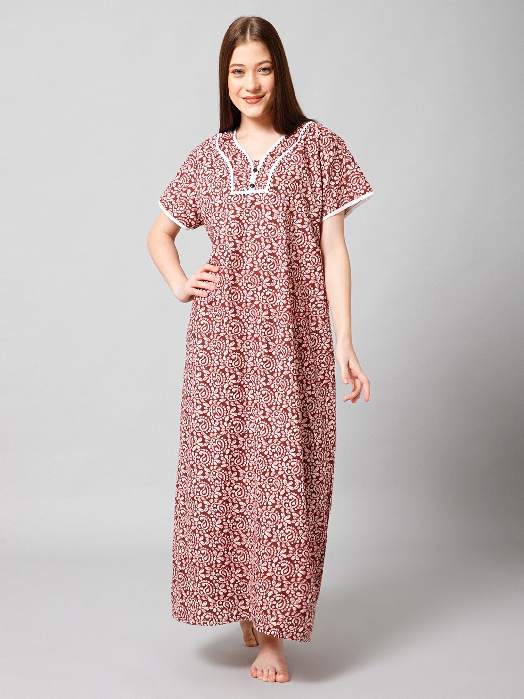 

Winza Designer Ethnic Motifs Printed V-Neck Pure Cotton Maxi Nightdress, Maroon