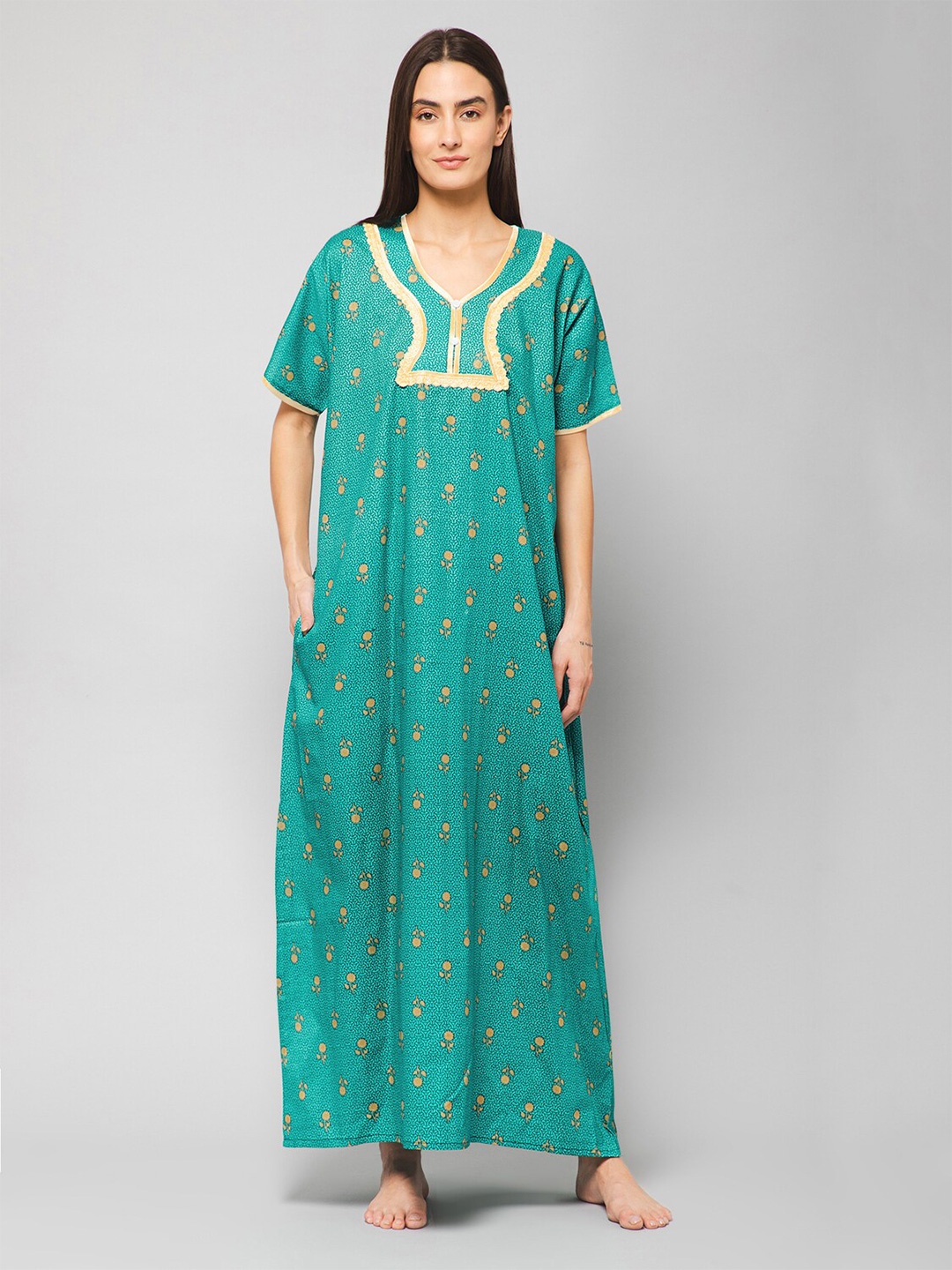 

Winza Designer Foral Printed Pure Cotton Maxi Nightdress, Sea green