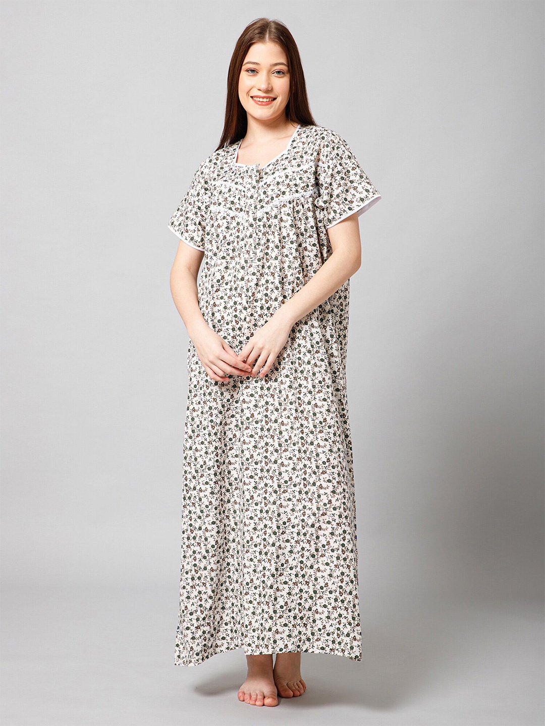 

Winza Designer Floral Printed Pure Cotton Maxi Nightdress, Olive