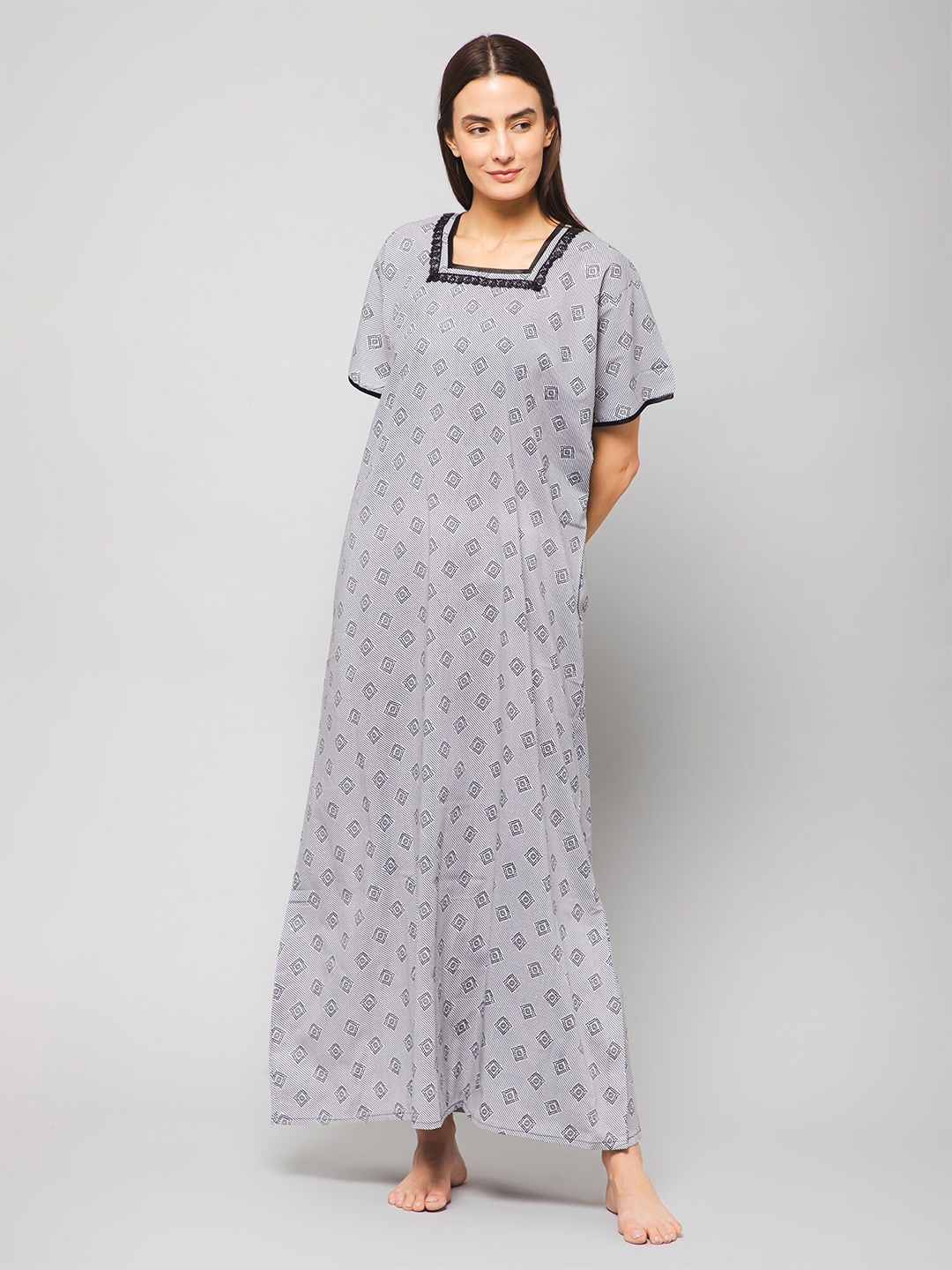 

Winza Designer Geometric Printed Pure Cotton Maxi Nightdress, White