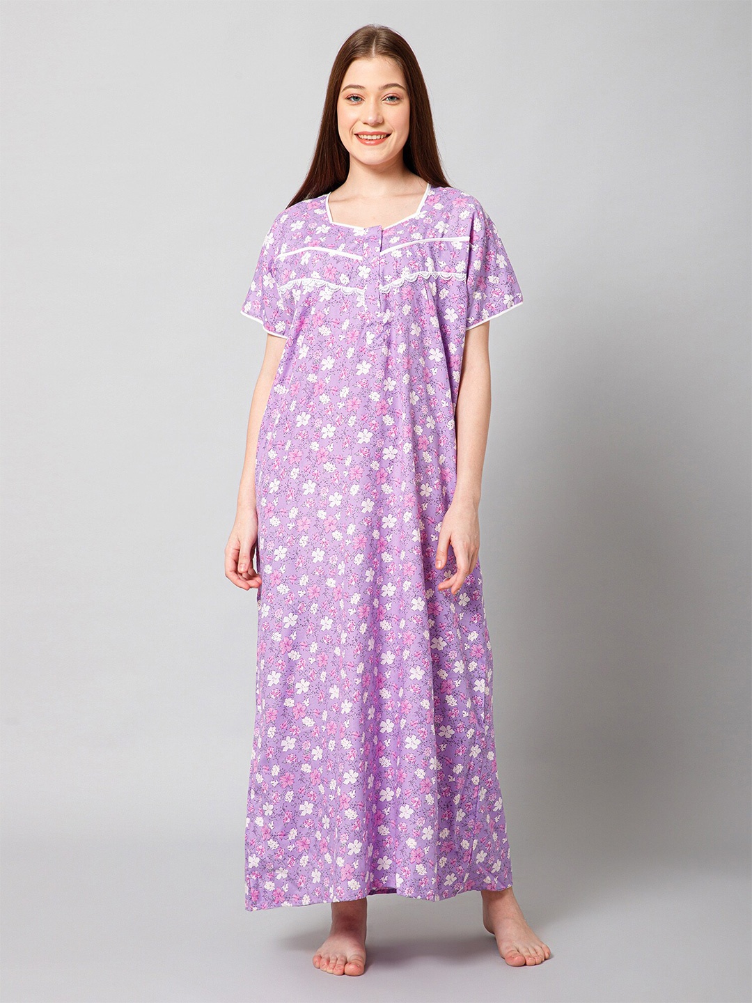 

Winza Designer Floral Printed Pure Cotton Maxi Nightdress, Lavender