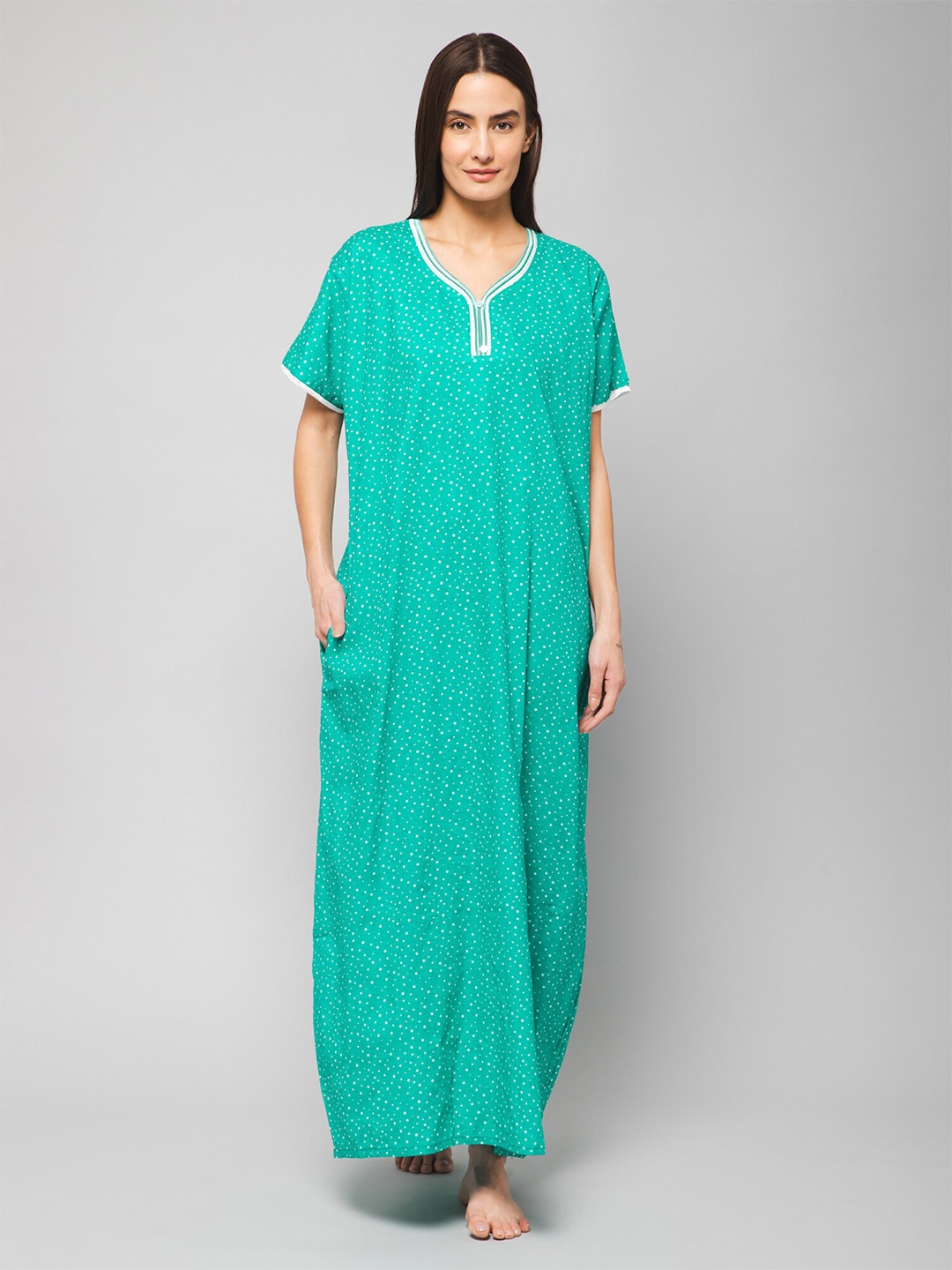 

Winza Designer Polka Dot Printed Pure Cotton Maxi Nightdress, Sea green