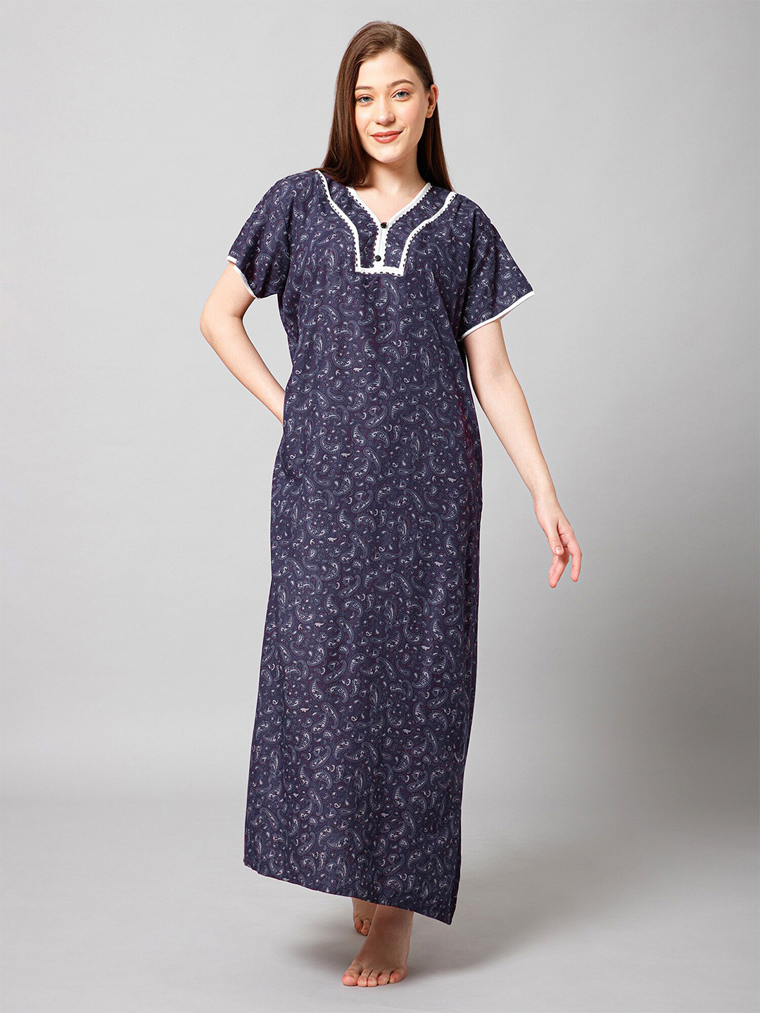 

Winza Designer Ethnic Motifs Printed Pure Cotton Maxi Nightdress, Navy blue