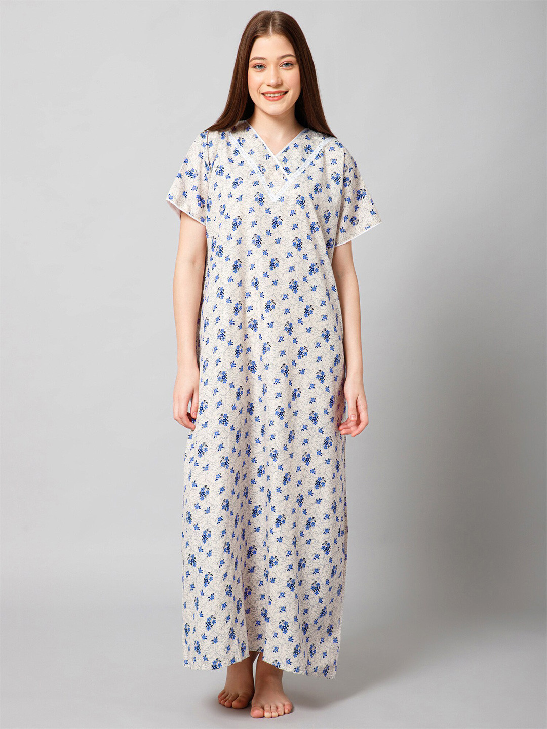 

Winza Designer Floral Printed Pure Cotton Maxi Nightdress, Blue