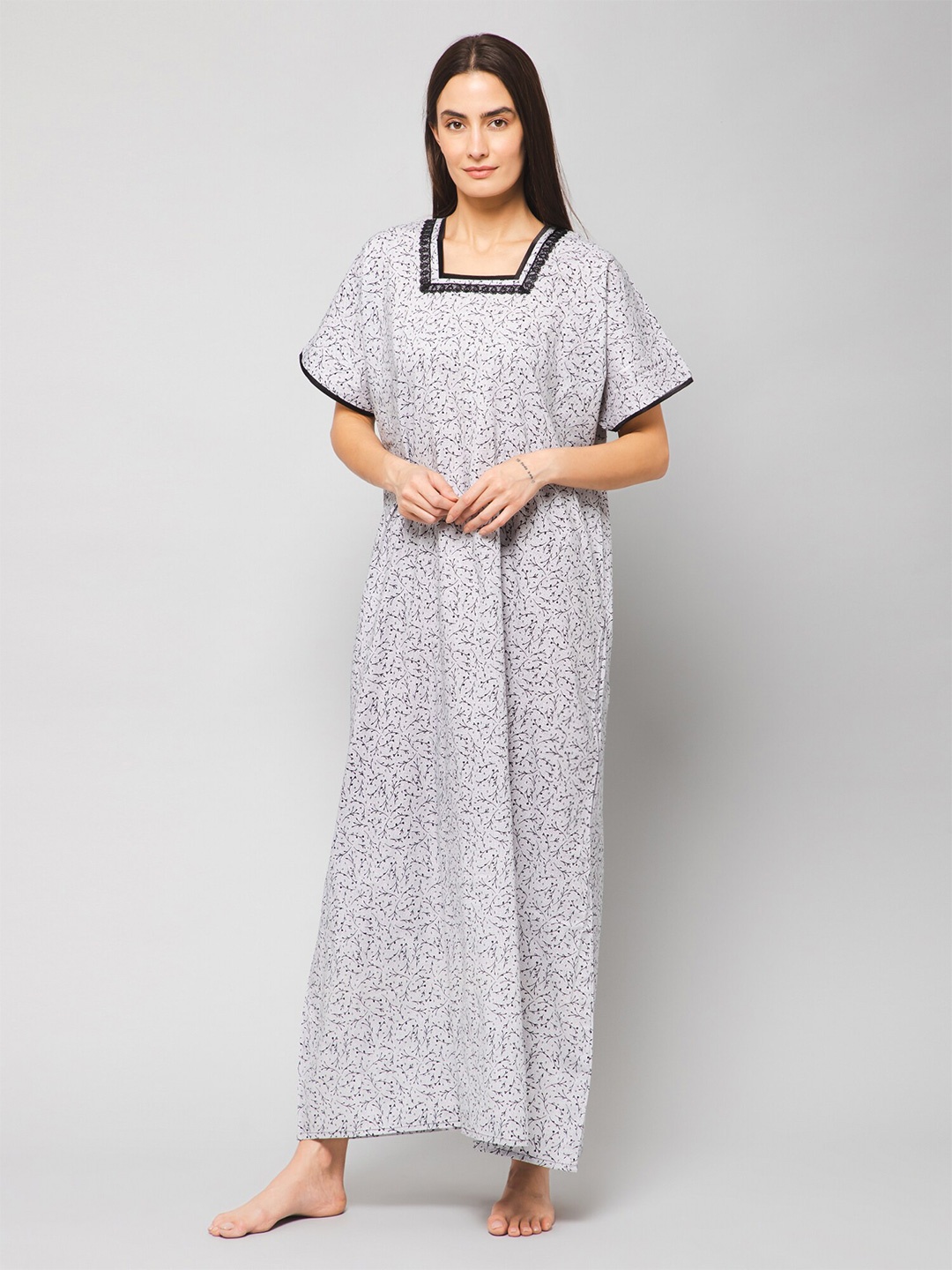 

Winza Designer Floral Printed Square Neck Pure Cotton Maxi Nightdress, White