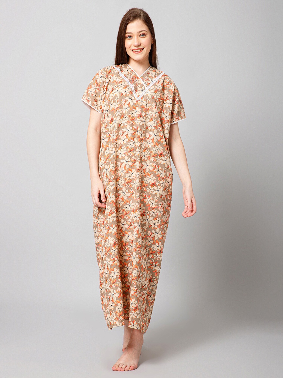 

Winza Designer Floral Printed Pure Cotton Maxi Nightdress, Brown