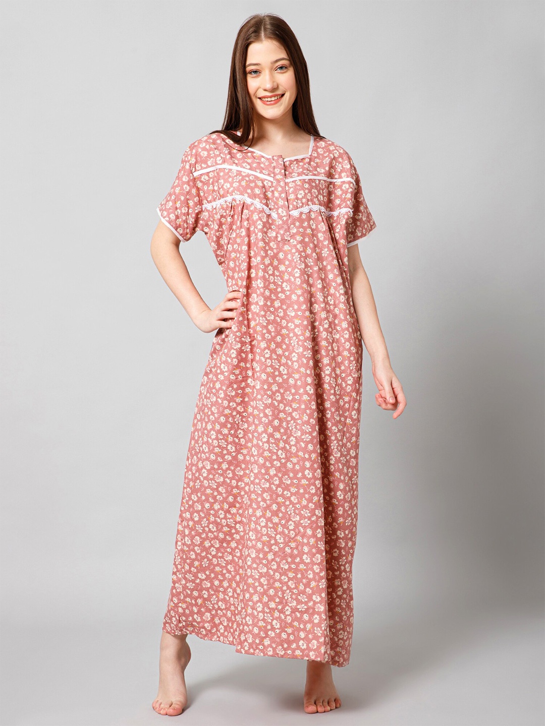 

Winza Designer Floral Printed Pure Cotton Maxi Nightdress, Peach