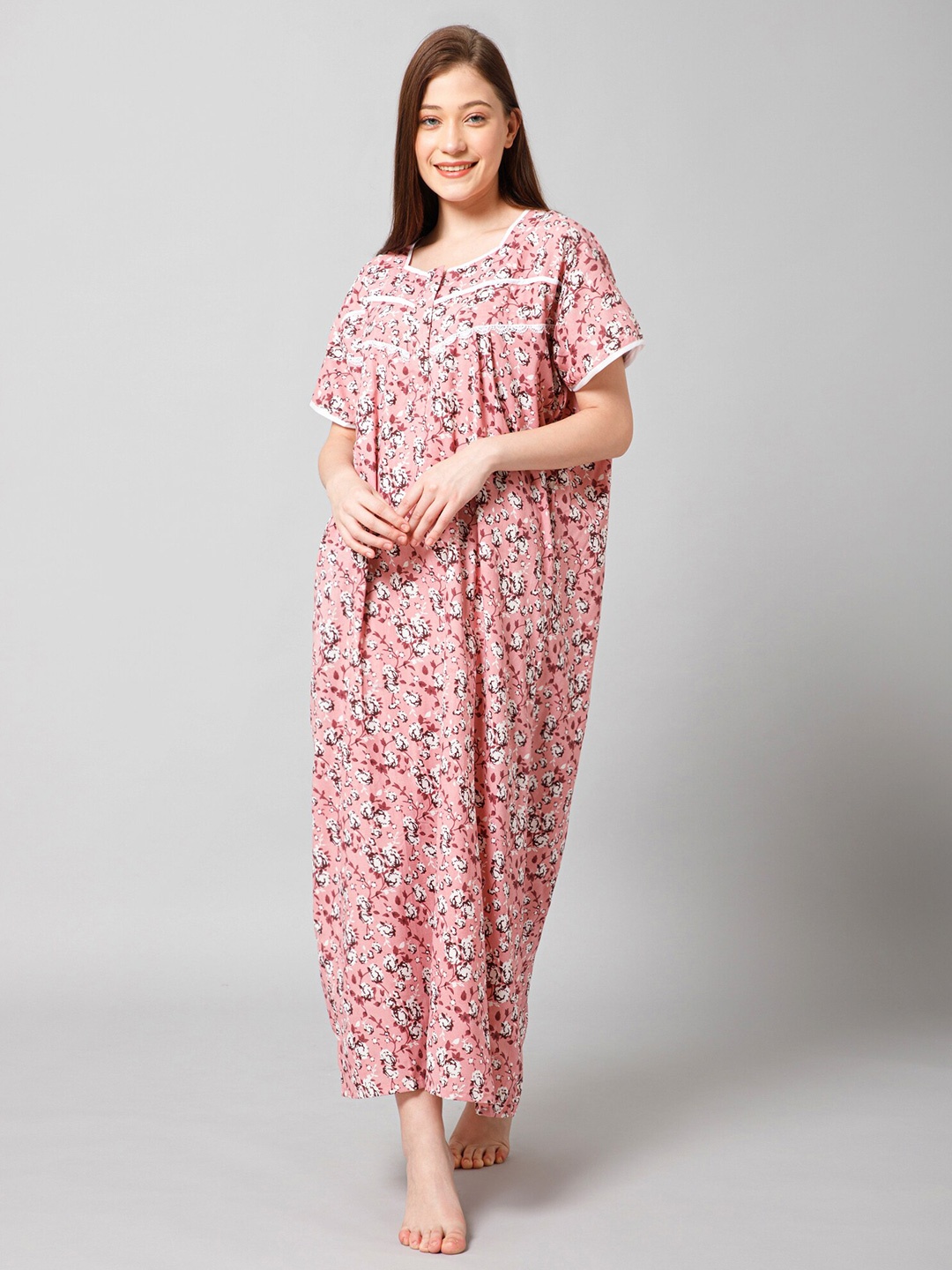 

Winza Designer Floral Printed Square Neck Pure Cotton Maxi Nightdress, Pink