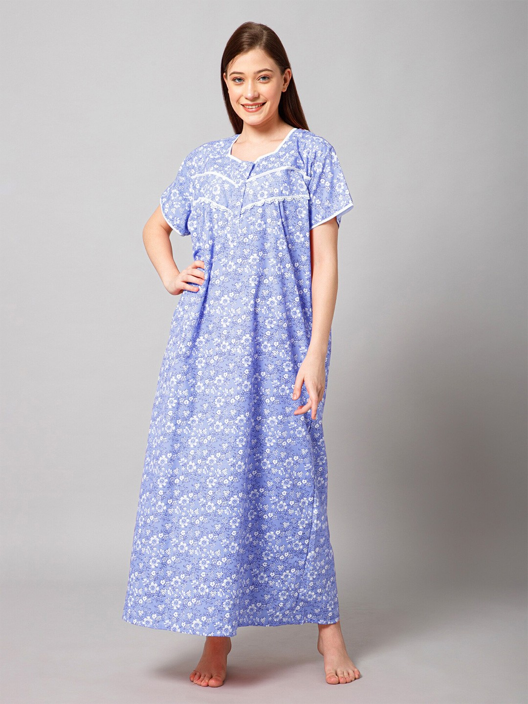 

Winza Designer Floral Printed V-Neck Pure Cotton Maxi Nightdress, Blue