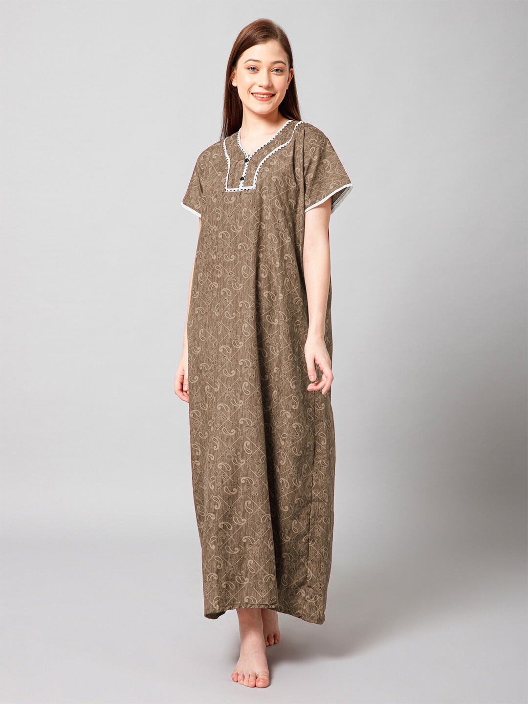 

Winza Designer Ethnic Motifs Printed Cotton Maxi Nightdress, Brown