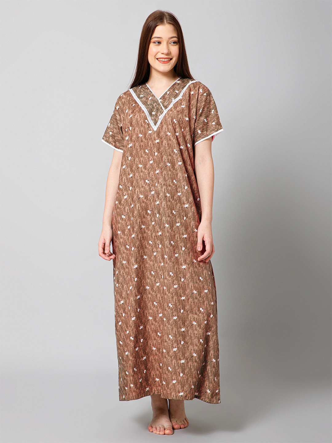 

Winza Designer Floral Printed V-Neck Pure Cotton Maxi Nightdress, Rust