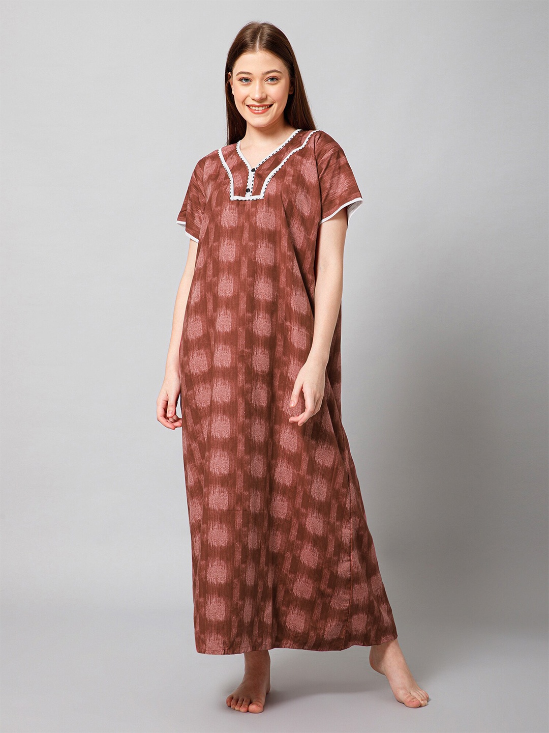 

Winza Designer Abstract Printed Pure Cotton Maxi Nightdress, Rust