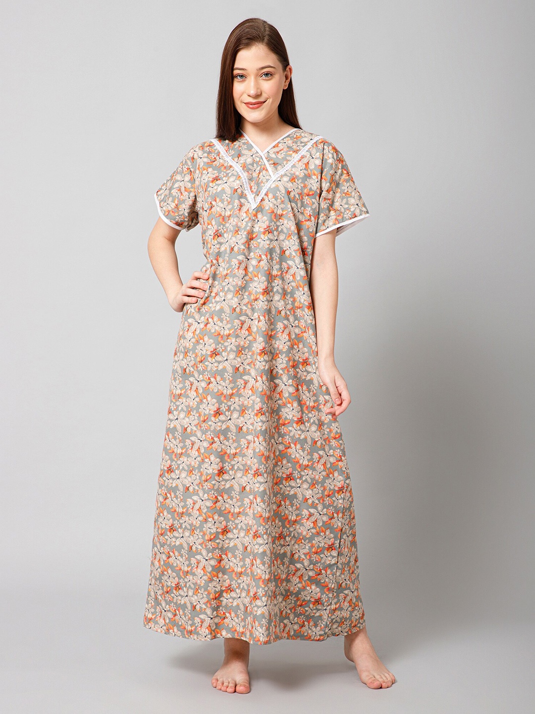 

Winza Designer Floral Printed V-Neck Pure Cotton Maxi Nightdress, Grey