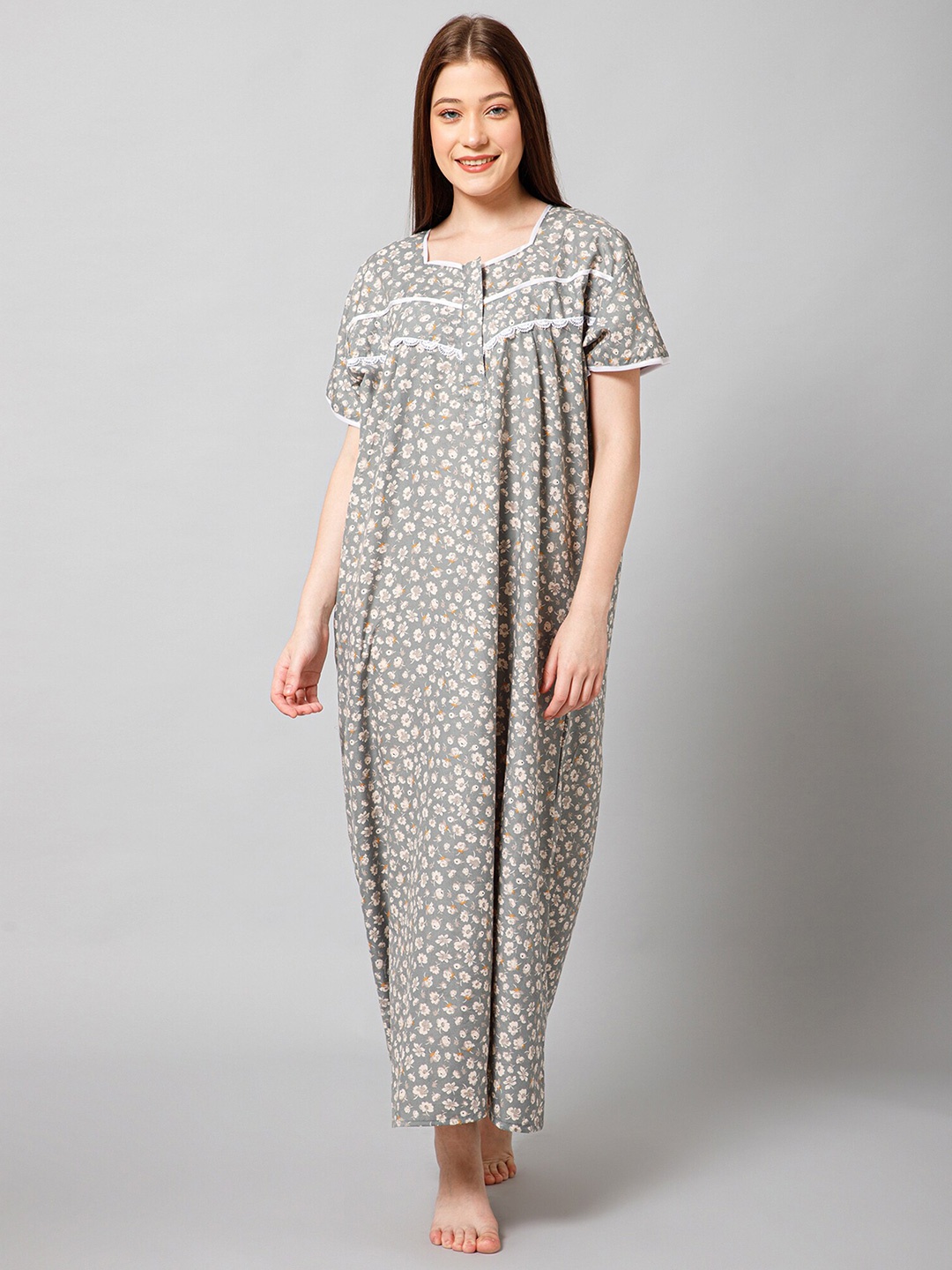 

Winza Designer Floral Printed Pure Cotton Maxi Nightdress, Grey