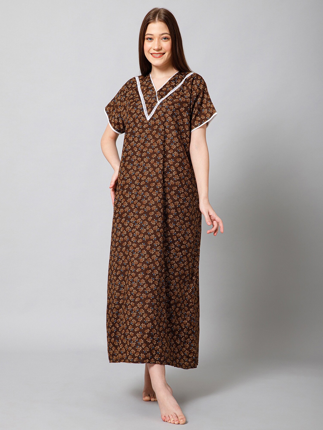 

Winza Designer Floral Printed Pure Cotton Maxi Nightdress, Brown