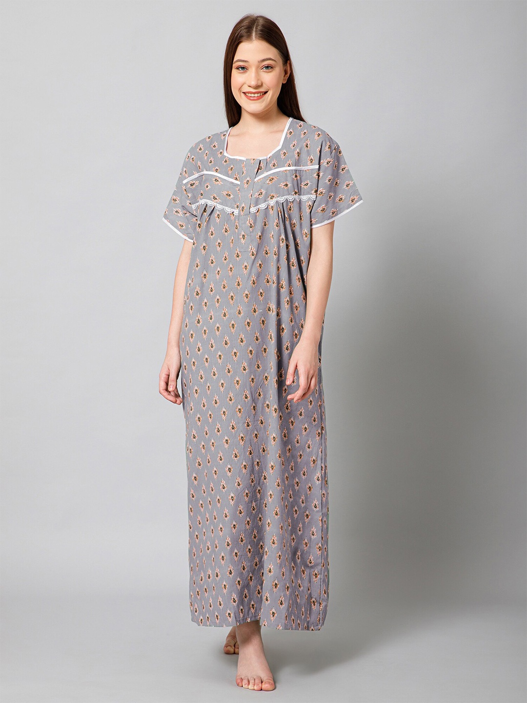 

Winza Designer Abstract Printed Cotton Maxi Nightdress, Grey
