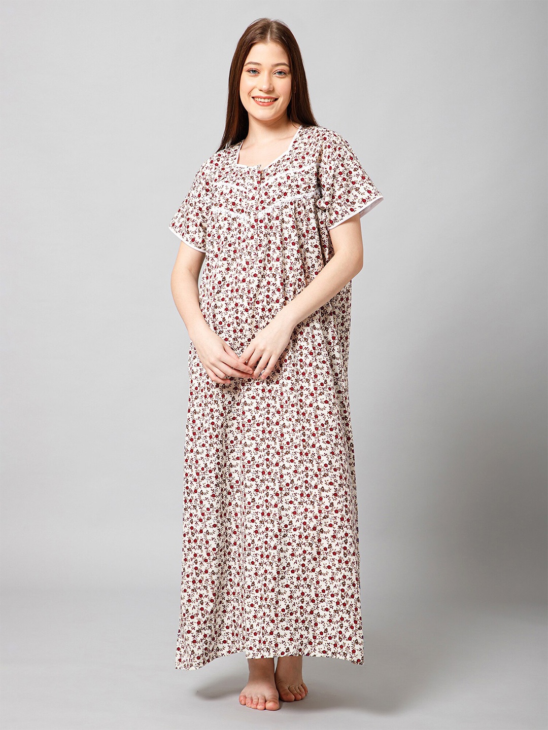 

Winza Designer Floral Printed Pure Cotton Maxi Nightdress, Red