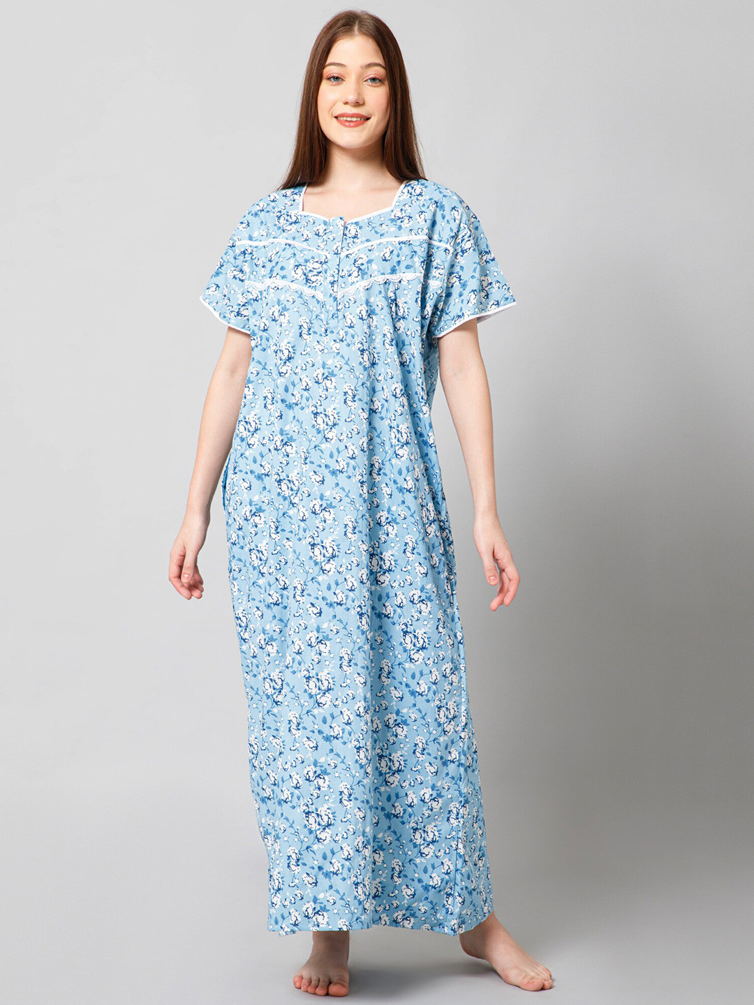 

Winza Designer Floral Printed Pure Cotton Maxi Nightdress, Blue