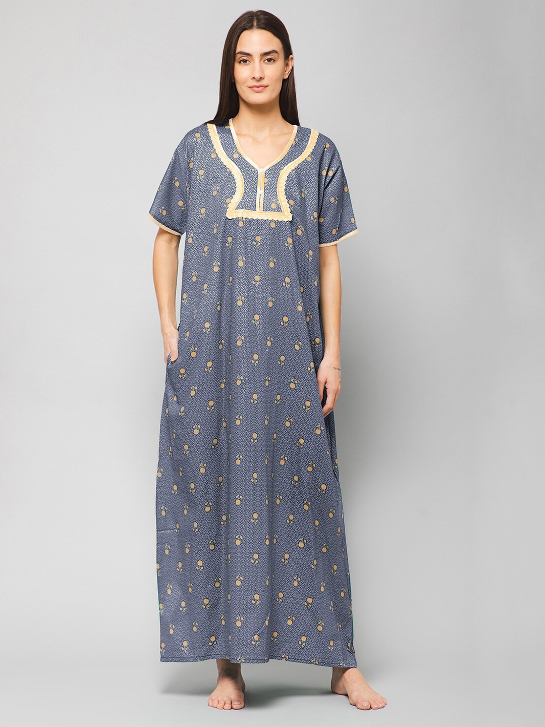 

Winza Designer Foral Printed Pure Cotton Maxi Nightdress, Grey