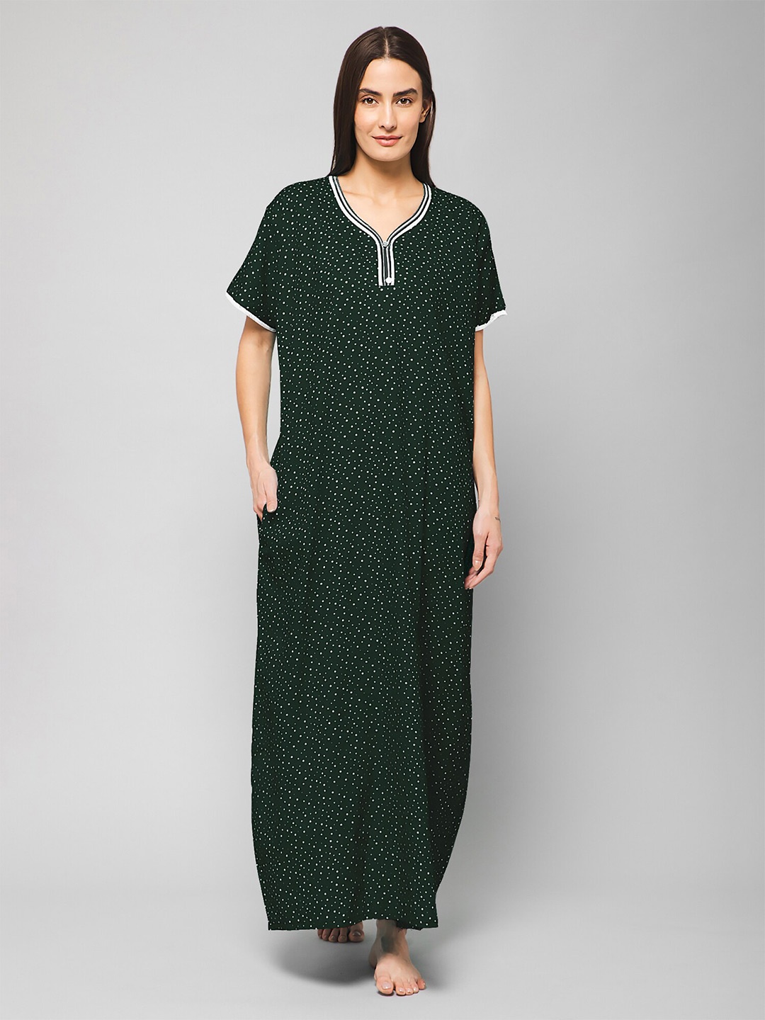 

Winza Designer Polka Dots Printed Pure Cotton Maxi Nightdress, Green