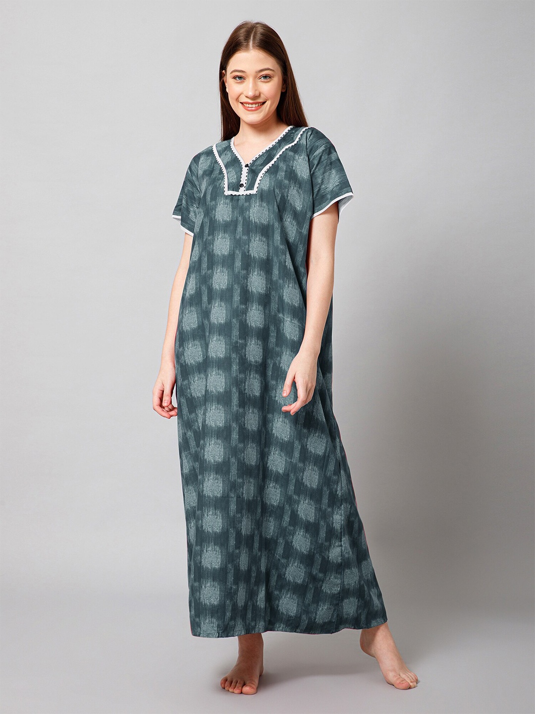 

Winza Designer Abstract Printed Cotton Maxi Nightdress, Blue