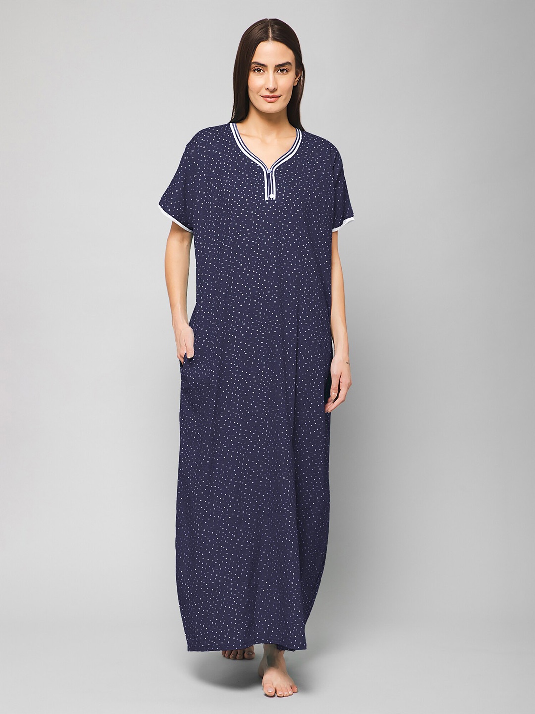 

Winza Designer Polka Dots Printed Pure Cotton Maxi Nightdress, Navy blue