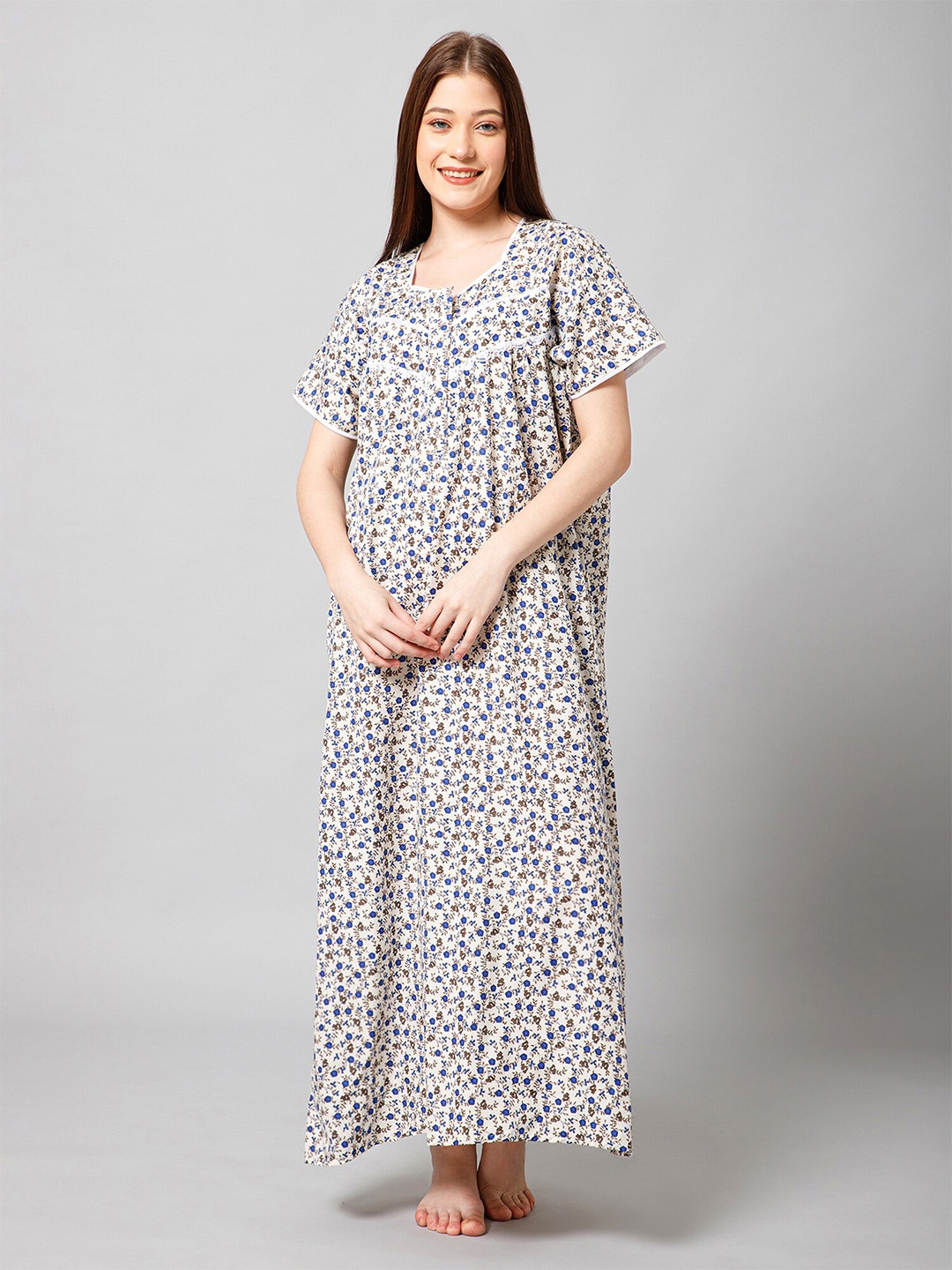 

Winza Designer Floral Printed Pure Cotton Maxi Nightdress, White