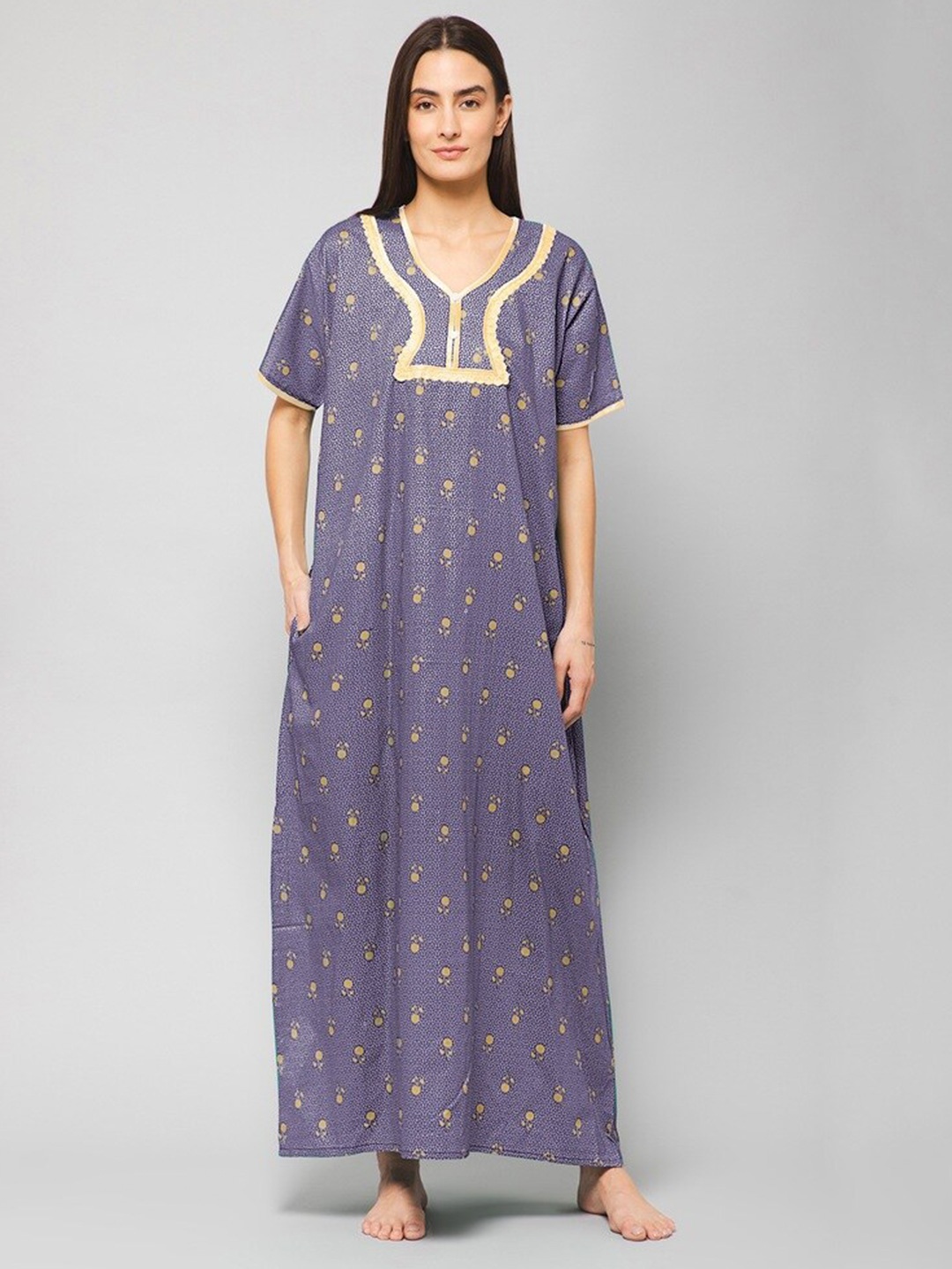

Winza Designer Floral Printed Pure Cotton Maxi Nightdress, Lavender