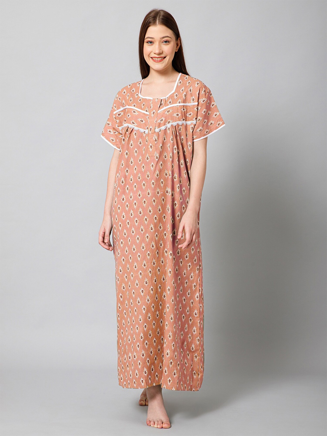 

Winza Designer Floral Printed Pure Cotton Maxi Nightdress, Orange