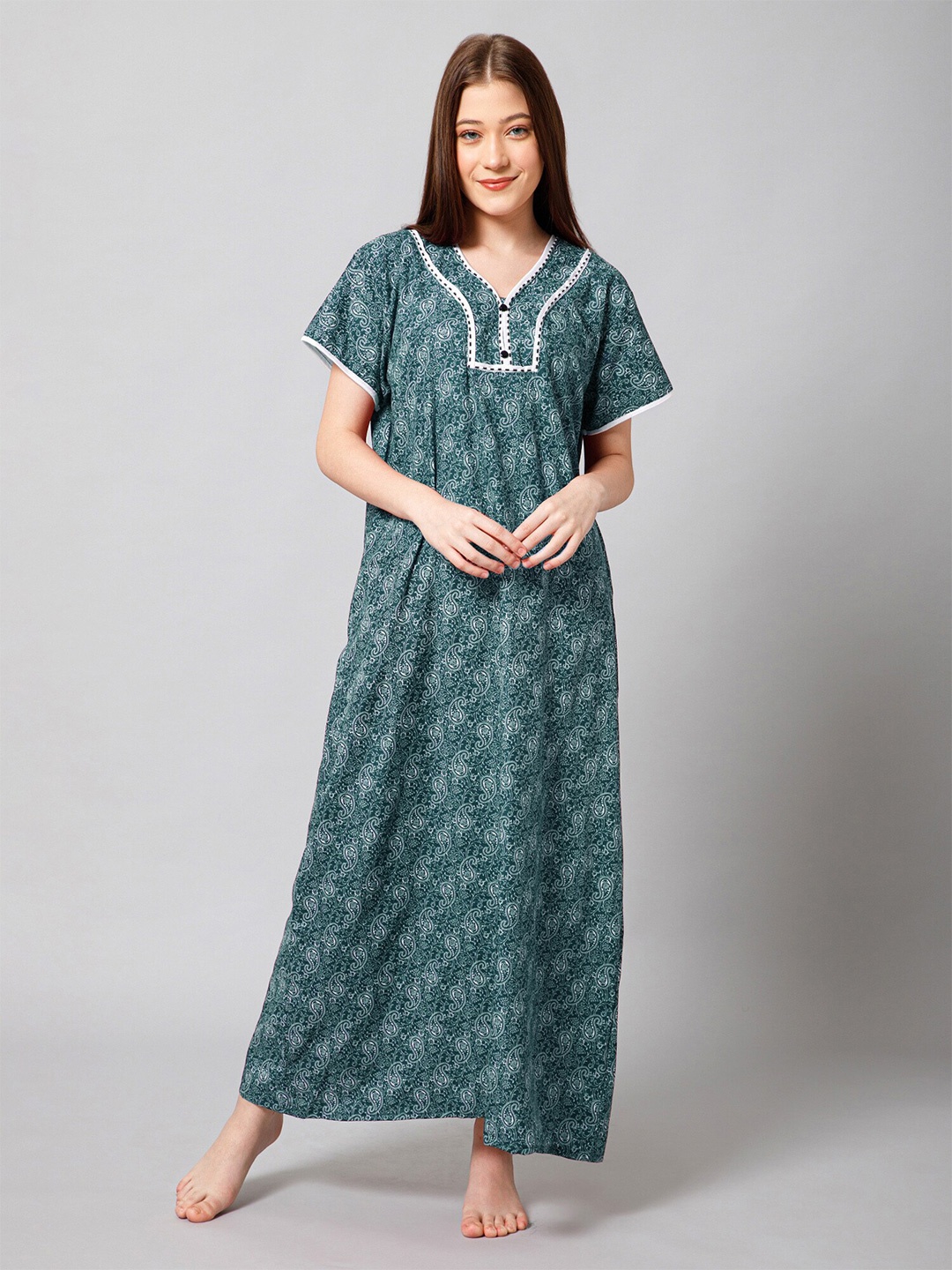 

Winza Designer Ethnic Motifs Printed Pure Cotton Maxi Nightdress, Green