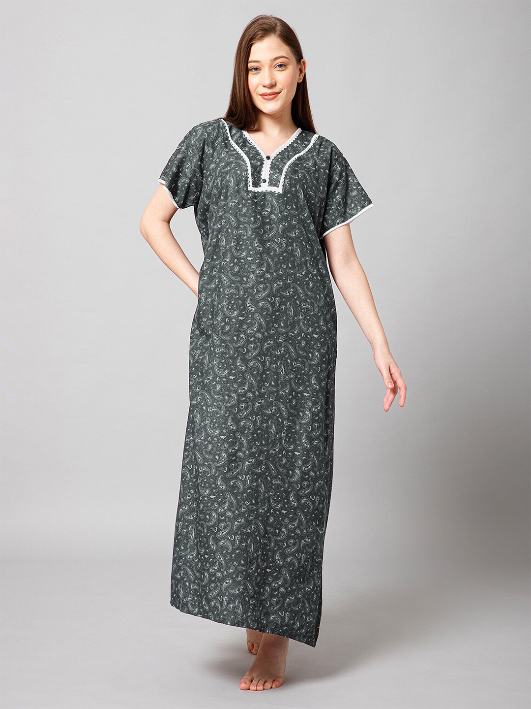 

Winza Designer Paisley Printed Pure Cotton Maxi Nightdress, Green